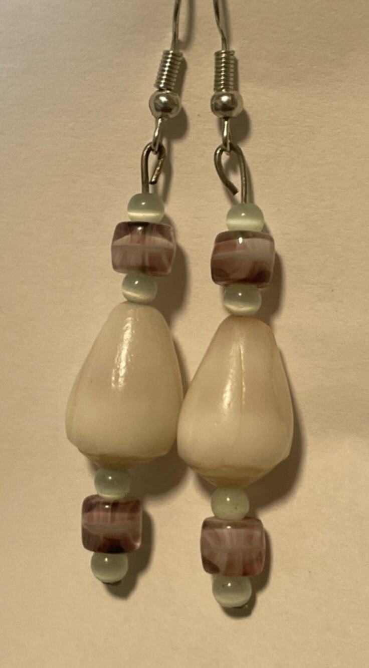 Hawaiian Handmade Pūpū Ala cone Shells and bead Dangly Earrings purple 1”